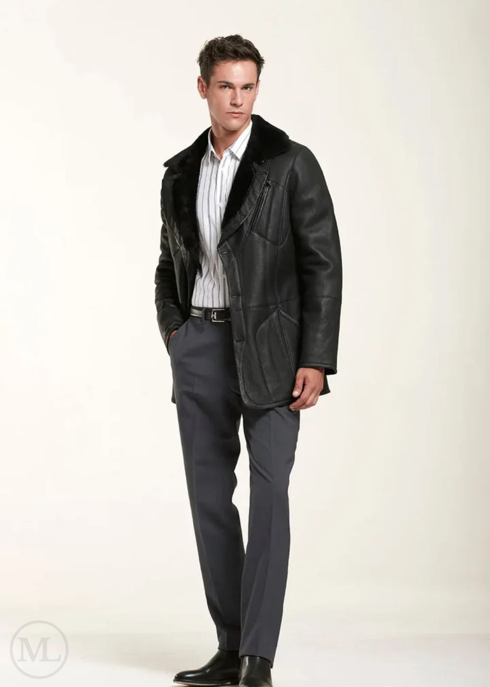Aldric – Men’s Black Shearling Car Coat with Notched Lapel Collar