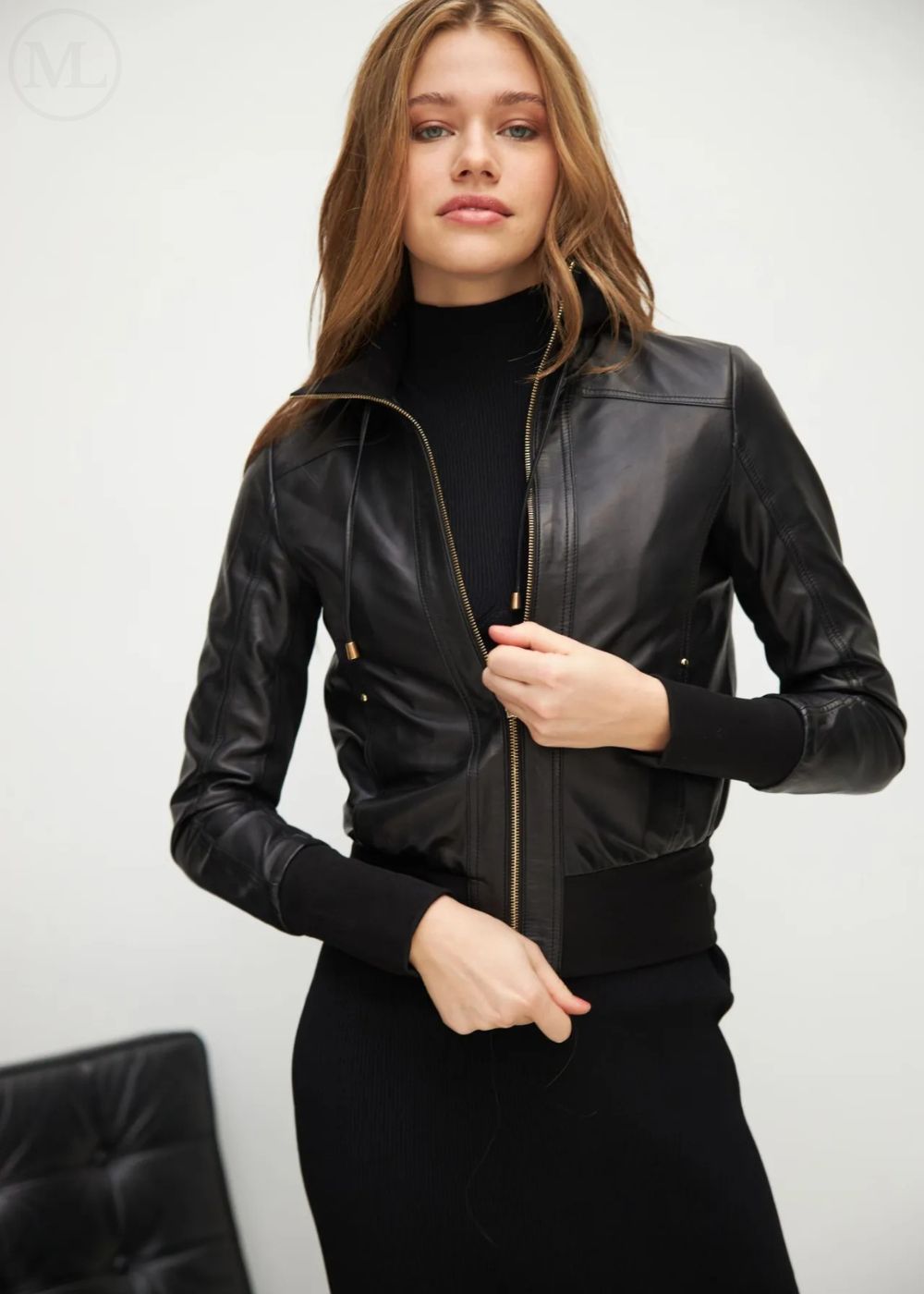 Amara – Women’s Black Nappa Leather Bomber Jacket with Straight Knitted Collar