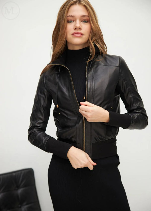 Amara – Women’s Black Nappa Leather Bomber Jacket with Straight Knitted Collar