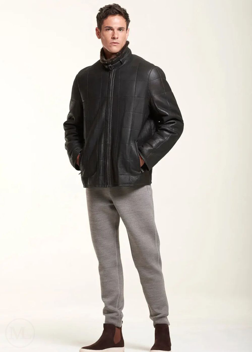 Arden – Men’s Black Leather Jacket with Shearling and Square Stitch Detailing