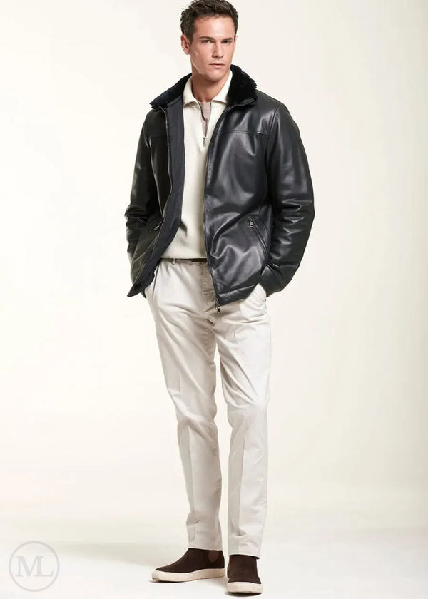 Ashton – Men’s Black Leather Jacket with Detachable Shearling Collar