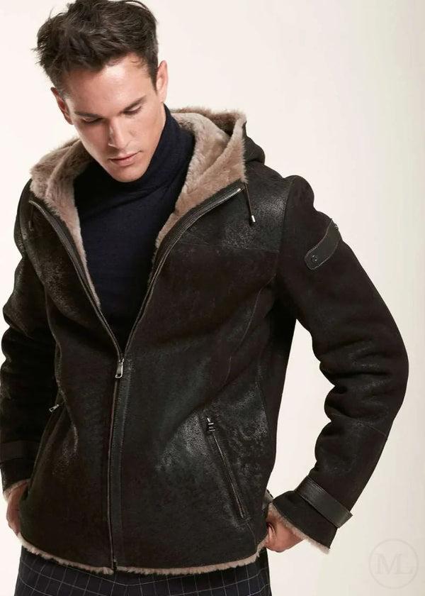 Atlas – Men’s Dark Brown Hooded Leather Jacket with Sheared Fur Lining