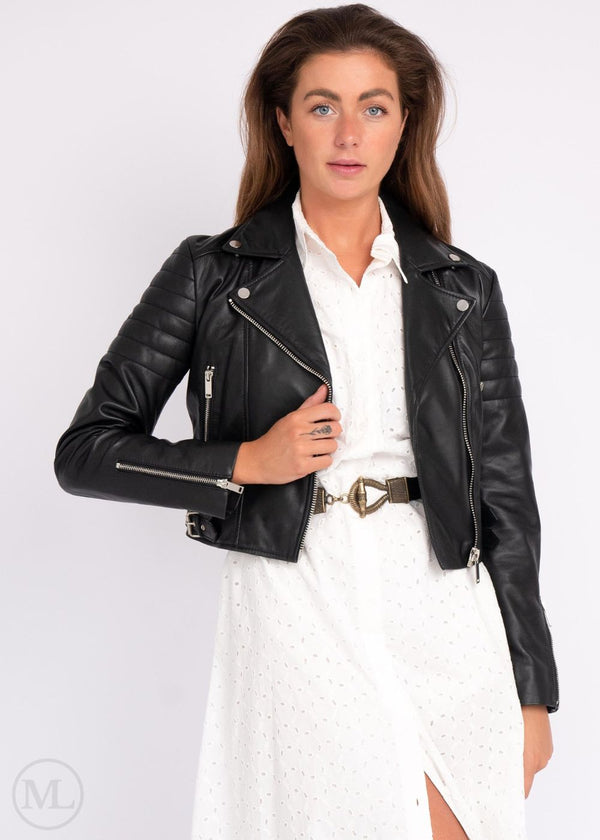 Ava – Women’s Black Cropped Leather Motorcycle Jacket with Quilted Sleeves