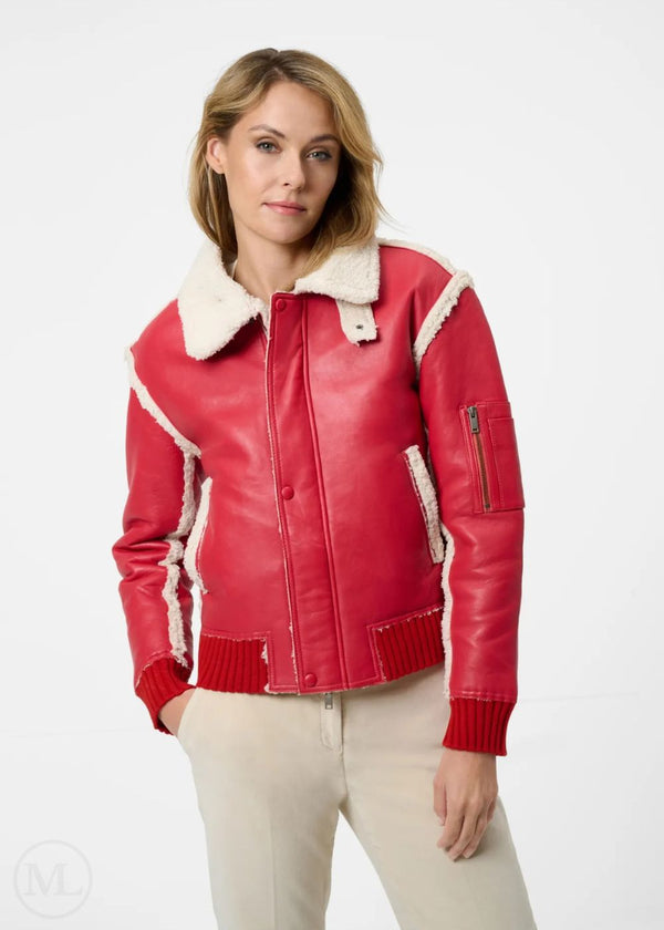 Aveline – Women’s Red Nappa Leather Aviator Jacket with Fur & Ribbed Hem