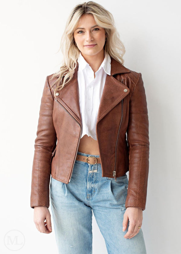 Avery – Women’s Cognac Brown Slim Moto Leather Jacket with Quilted Sleeves