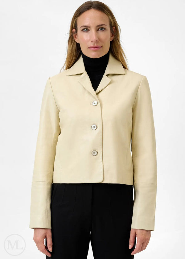 Avienne - Women's Ivory Nappa Cropped  Leather Blazer with Notched Collar