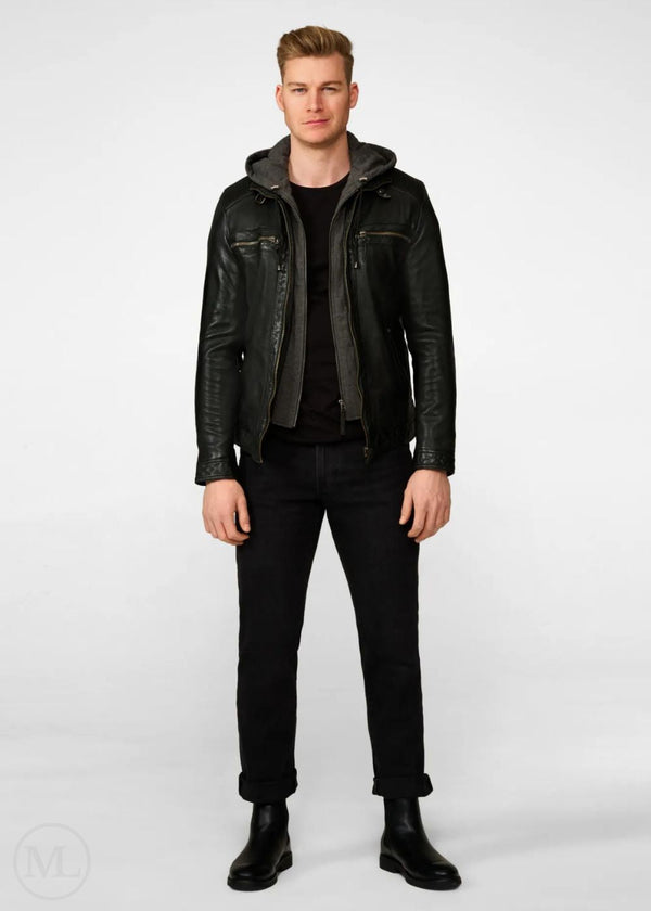 Axel 2.0 – Men’s Black Nappa Leather Biker Jacket with Detachable Cotton Hood