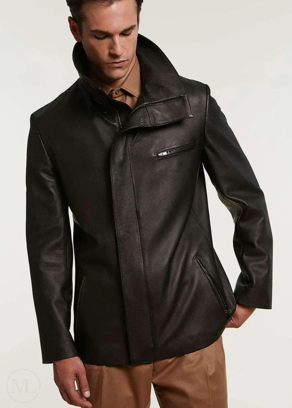 Calder – Men’s Black Long Leather Jacket with Hidden Front Placket