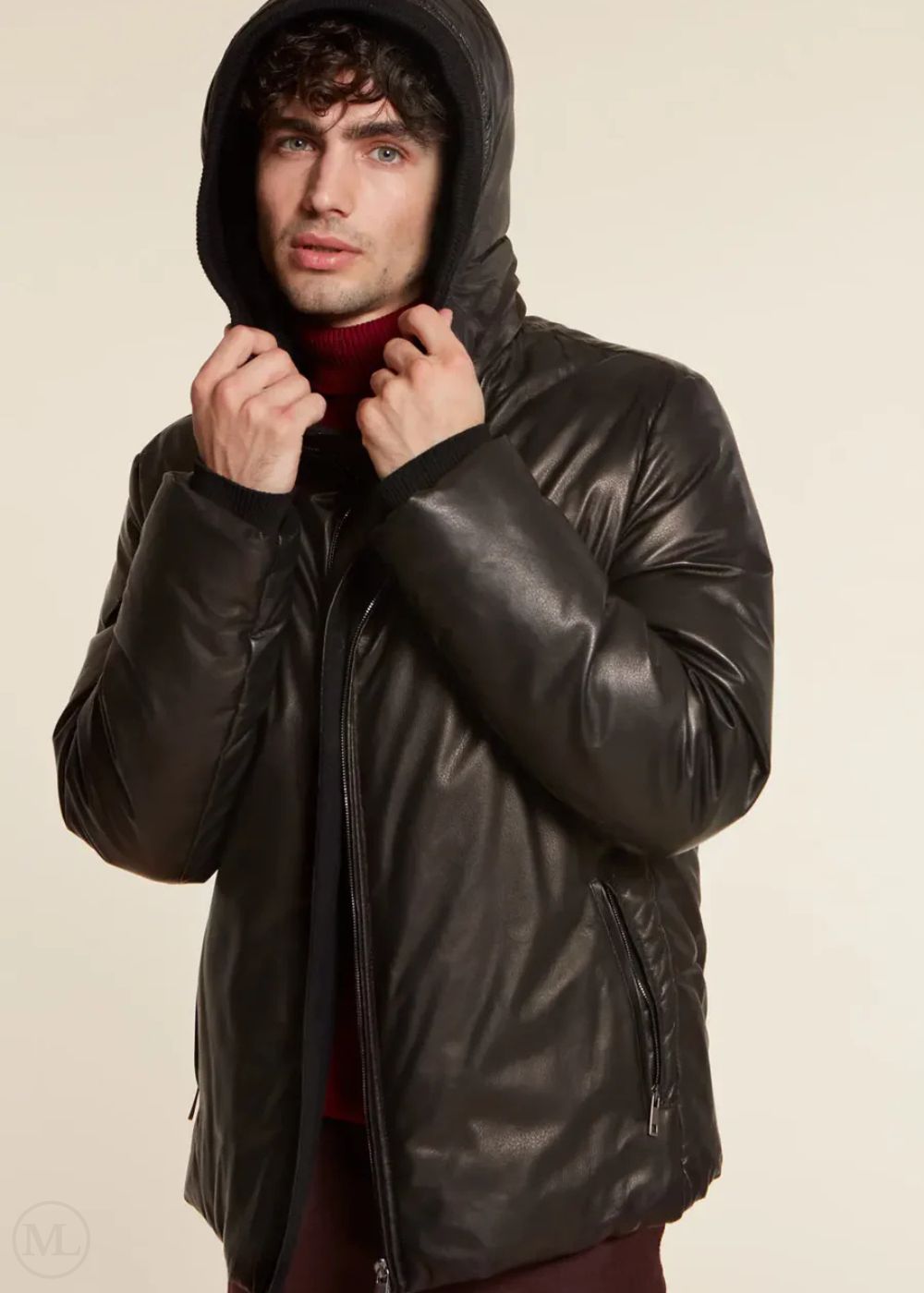 Callista – Men's Black Hooded Leather Down Jacket with Black Fur