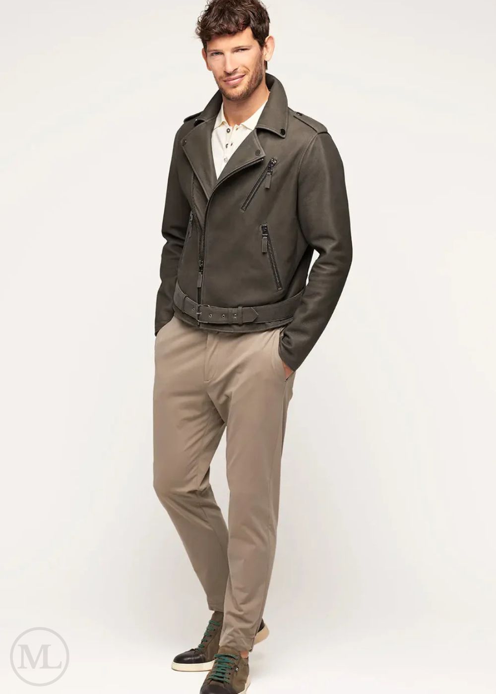 Cassian – Men’s Olive Green Nubuck Leather Biker Jacket with Belted Waist