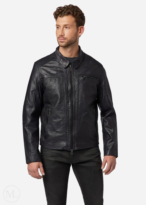 Cassiel – Men’s Black Nappa Leather Biker Jacket with Polo Collar