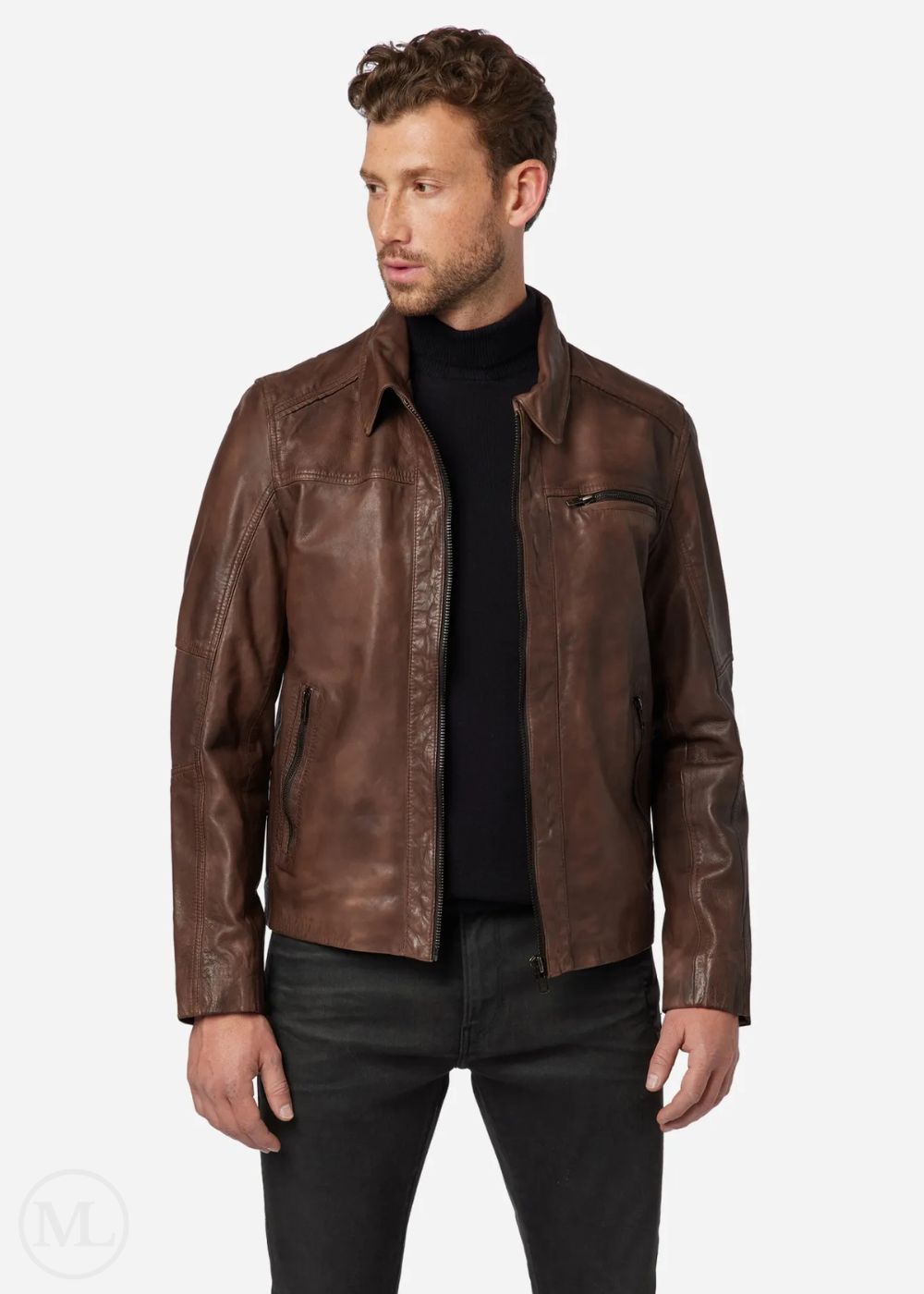 Cassiel – Men’s Brown Nappa Leather Biker Jacket with Polo Collar