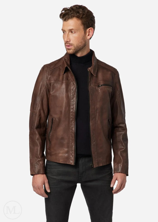 Cassiel – Men’s Brown Nappa Leather Biker Jacket with Polo Collar