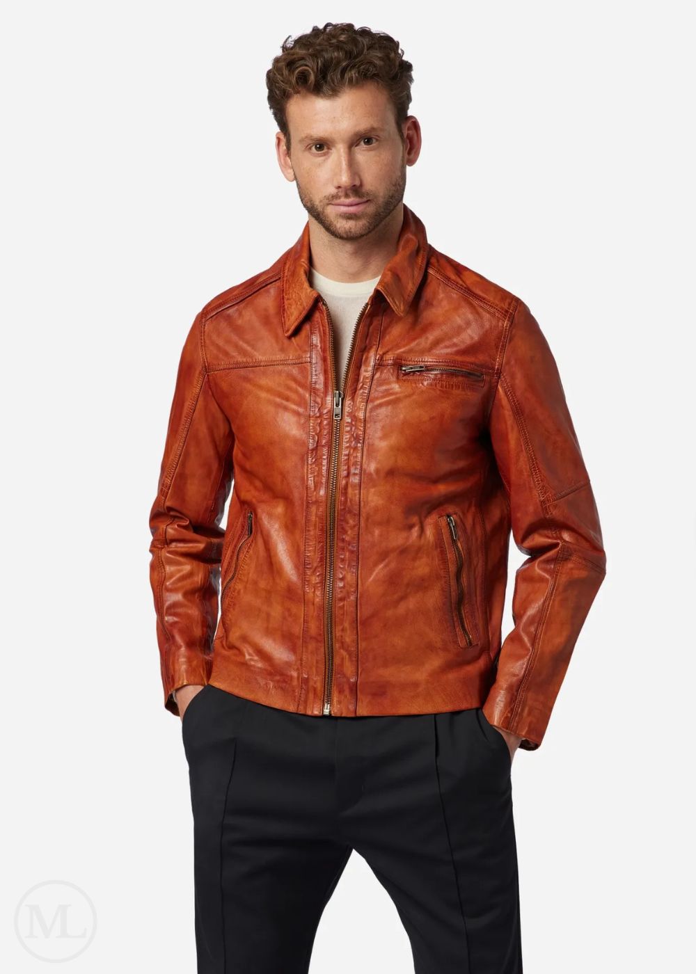 Cassiel – Men’s Cognac Brown Nappa Leather Biker Jacket with Polo Collar