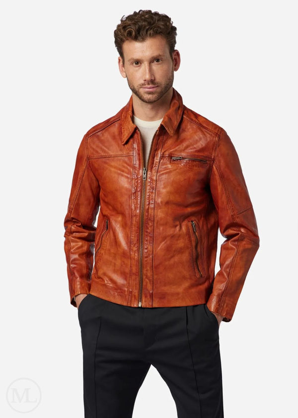 Cassiel – Men’s Cognac Brown Nappa Leather Biker Jacket with Polo Collar