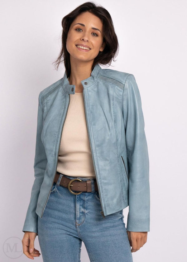 Clara – Women’s Fitted Moto Ice Blue Leather Jacket