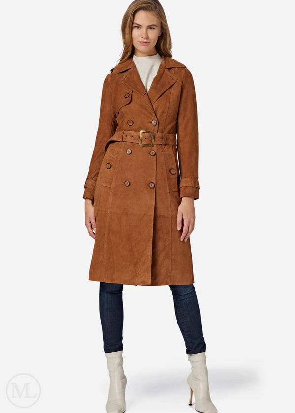 Clarette – Women’s Cognac Brown Suede Double-Breasted Trench Coat with Lapel Collar
