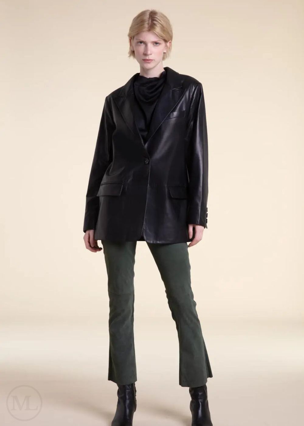 Colette – Women’s Black Oversized Leather Blazer with Single Button Closure