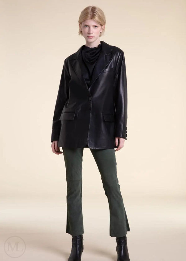 Colette – Women’s Black Oversized Leather Blazer with Single Button Closure