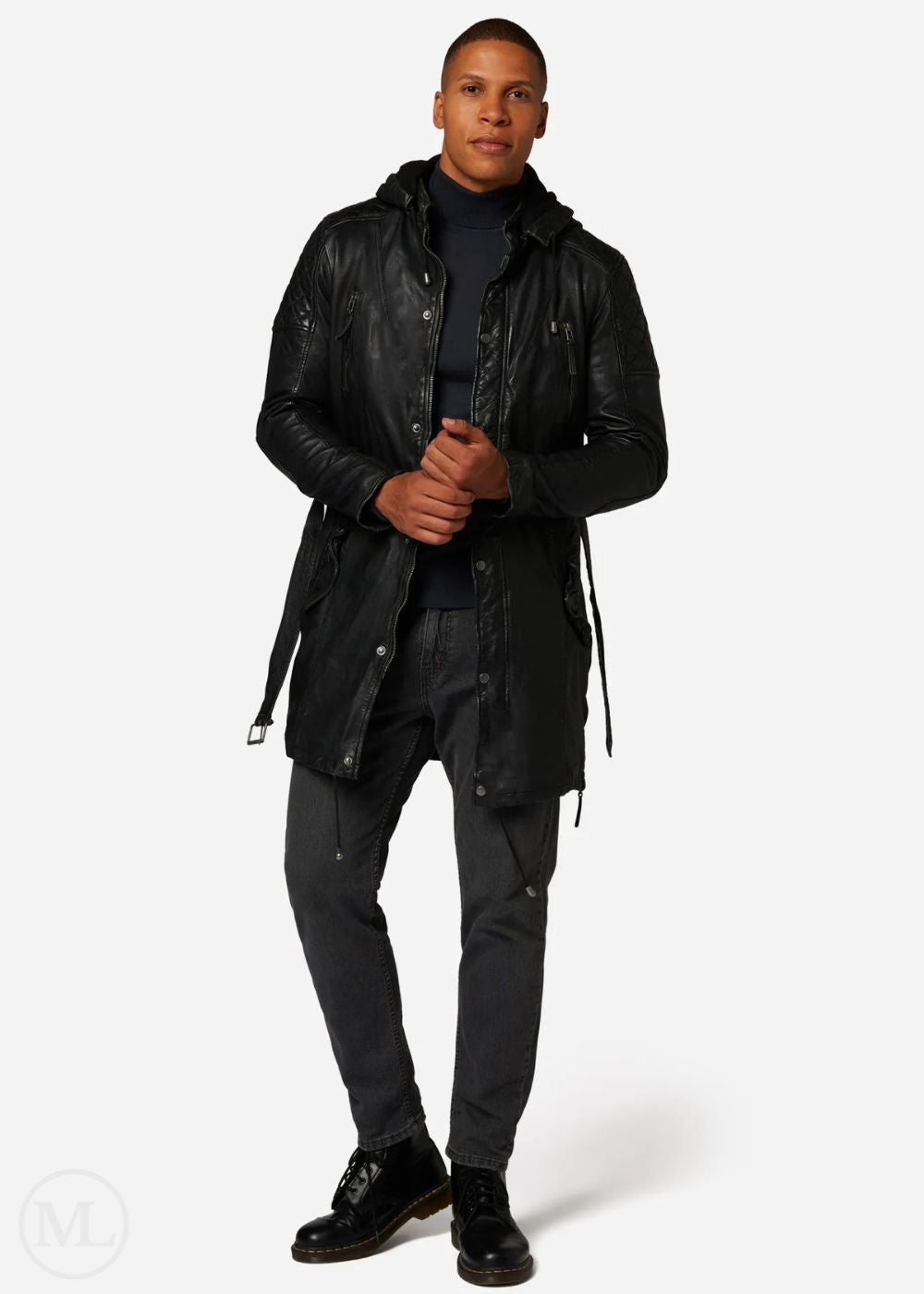 Dominic – Men’s Black Hooded Nappa Leather Coat with Belt