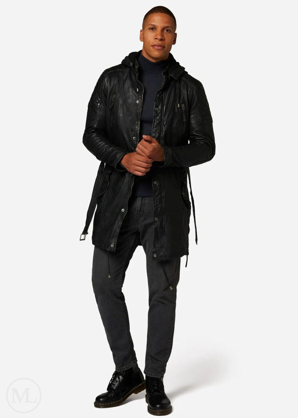 Dominic – Men’s Black Hooded Nappa Leather Coat with Belt
