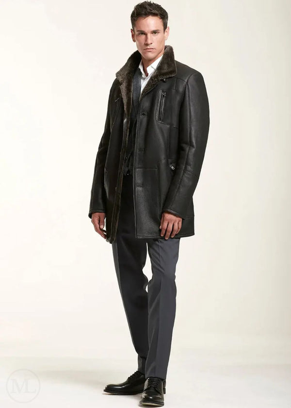 Dorian – Men’s Dark Brown Leather Coat with Shearling Lining and Notch Collar