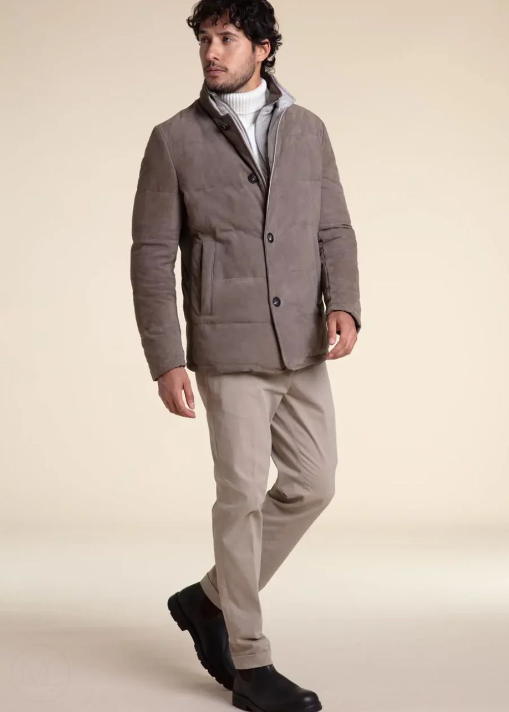 Eamon – Men’s Camel Suede Leather Quilted Puffer Jacket with Wool Lining