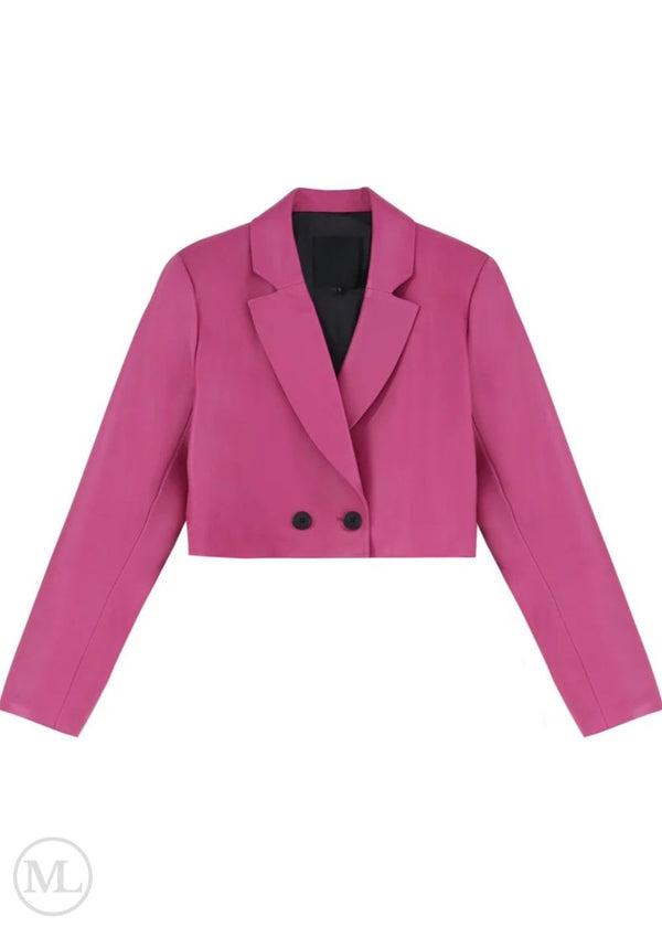 Elan – Women’s Fuchsia Cropped Double-Breasted Leather Blazer
