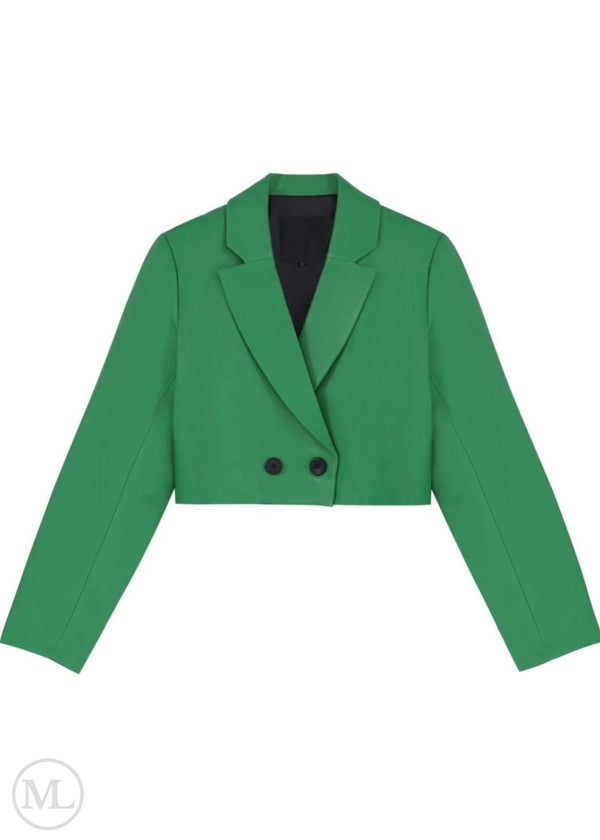 Elan – Women’s Green Cropped Double-Breasted Leather Blazer