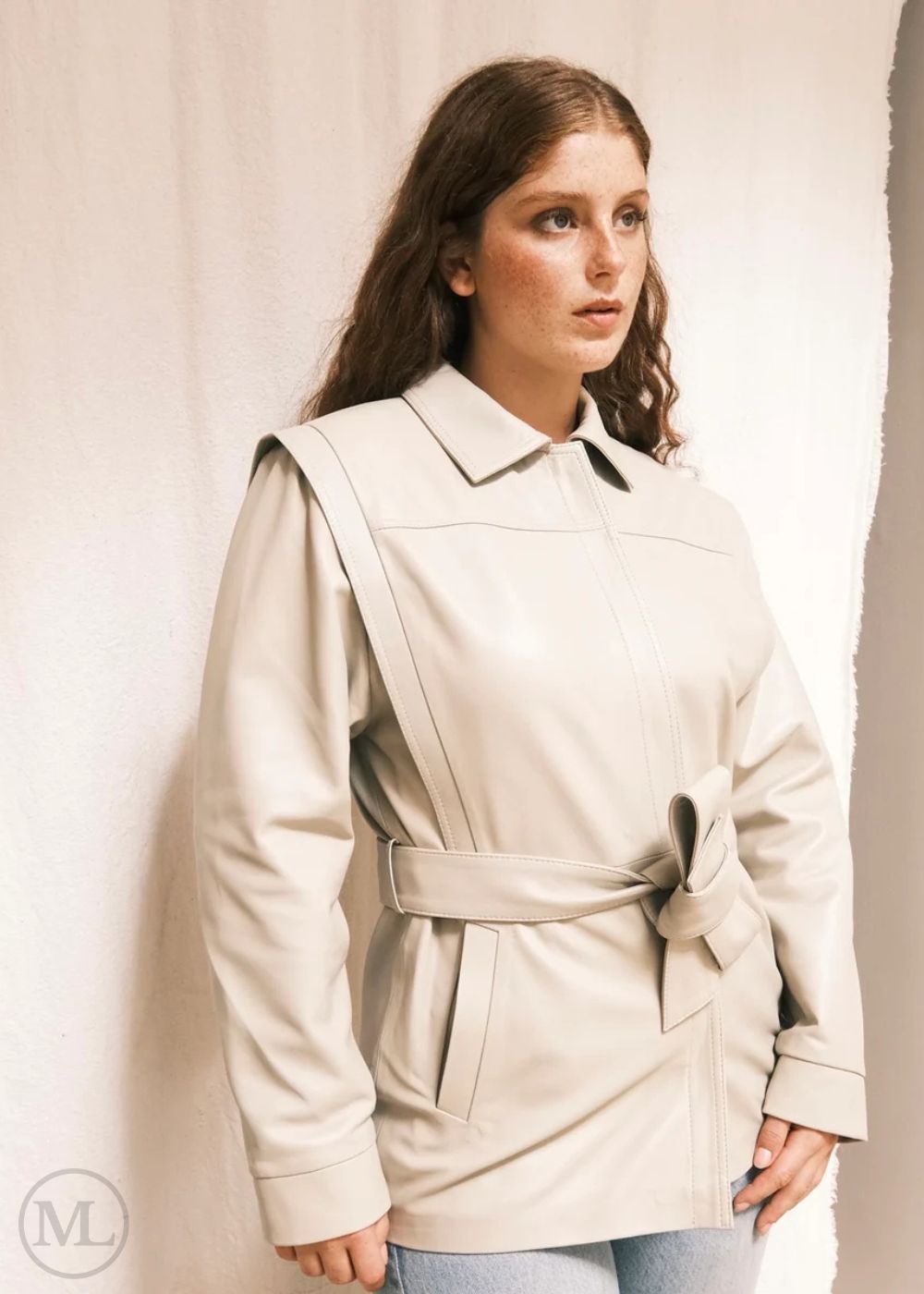 Elia – Women's Tailored Belted Ivory Lambskin Leather Jacket