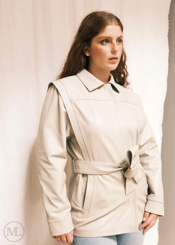 Elia – Women's Tailored Belted Ivory Lambskin Leather Jacket