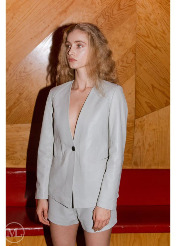 Esme – Women's Minimalist Ivory Leather Blazer with Single Button Closure