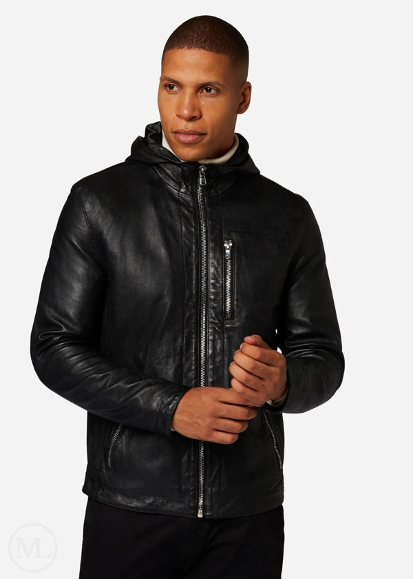 Ethan – Men’s Black Nappa Leather Sporty Hooded Jacket