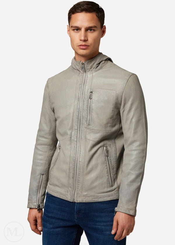 Ethan – Men’s Grey Nappa Leather Sporty Hooded Jacket