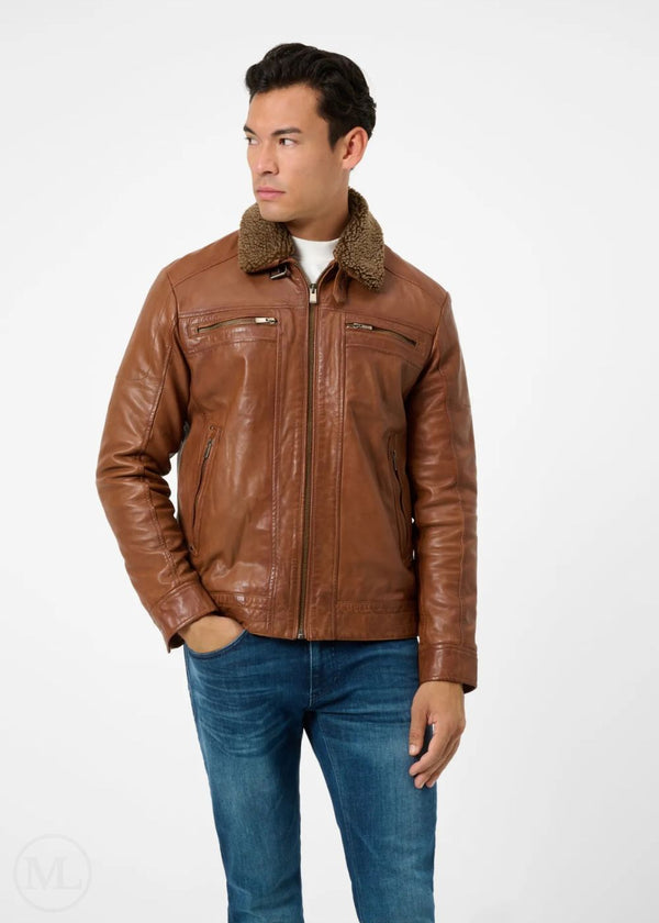 Falcon - Men's Fur Collar Cognac Brown Leather Jacket with Front Pockets