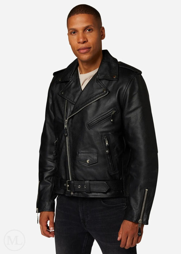 Griffin – Men’s Black Belted Nappa Leather Biker Jacket