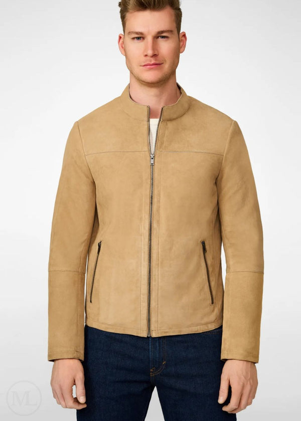 Hampton – Men’s Beige Classic Suede Leather Café Racer Jacket