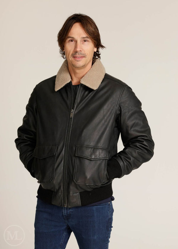 Harrison – Men’s Black Bomber Leather Jacket with Fur Collar