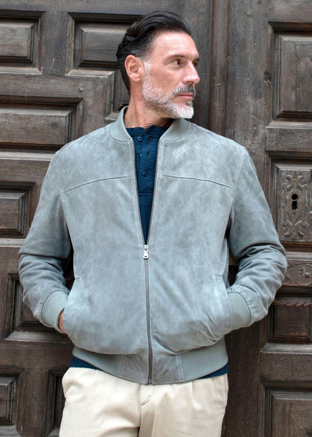 Hudson – Men’s Light Grey Classic Suede Bomber Jacket