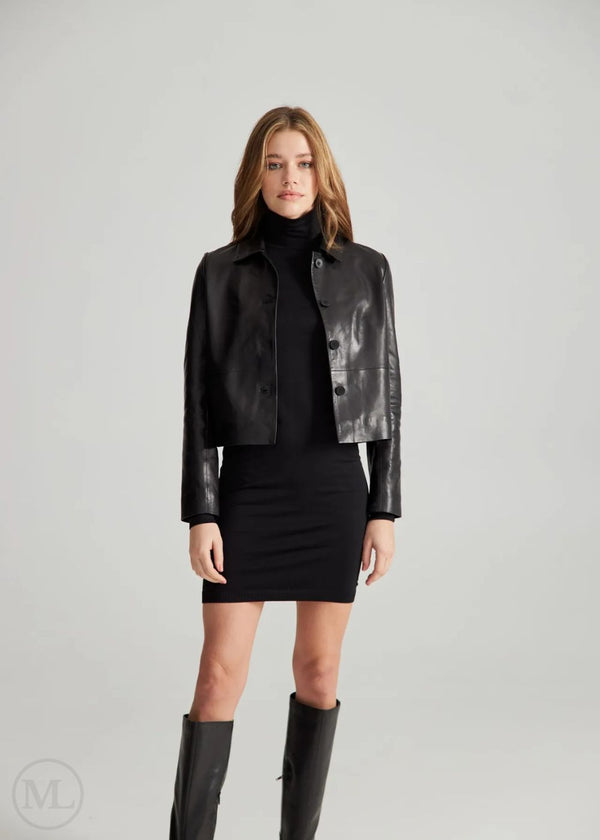 Ilyana – Women’s Nappa Cropped Black Leather Jacket with Button Front & Polo Collar