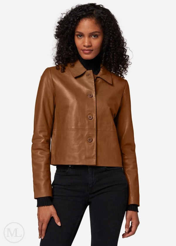 Ilyana – Women’s Cognac Brown Nappa Cropped Leather Jacket with Button Front & Polo Collar