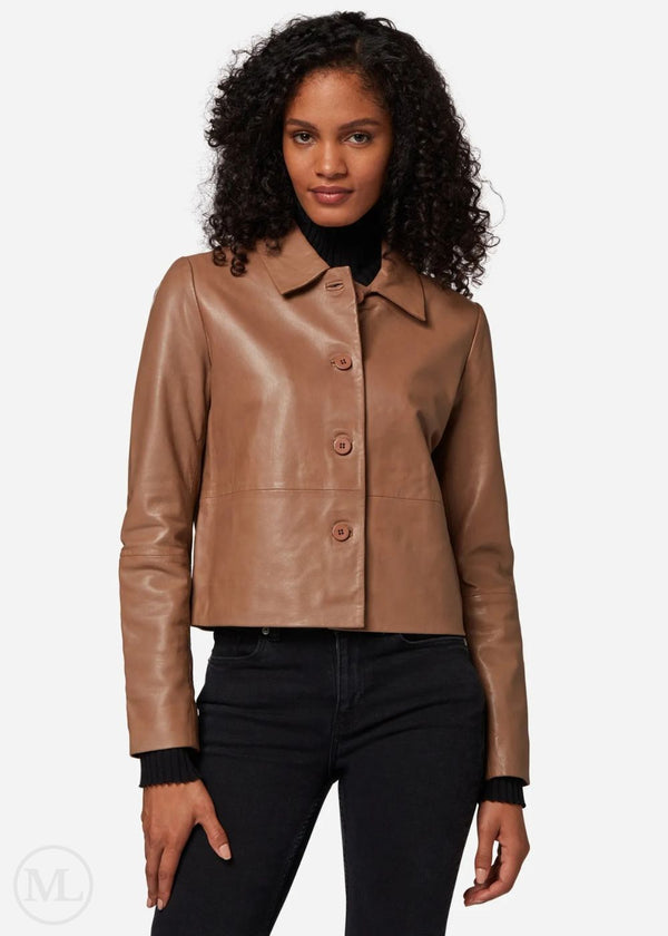 Ilyana – Women’s Nappa Cropped Taupe Leather Jacket with Button Front & Polo Collar