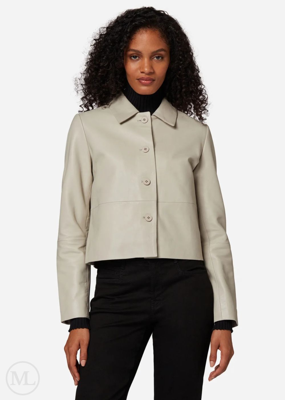 Ilyana – Women’s Nappa Cropped Ivory Leather Jacket with Button Front & Polo Collar