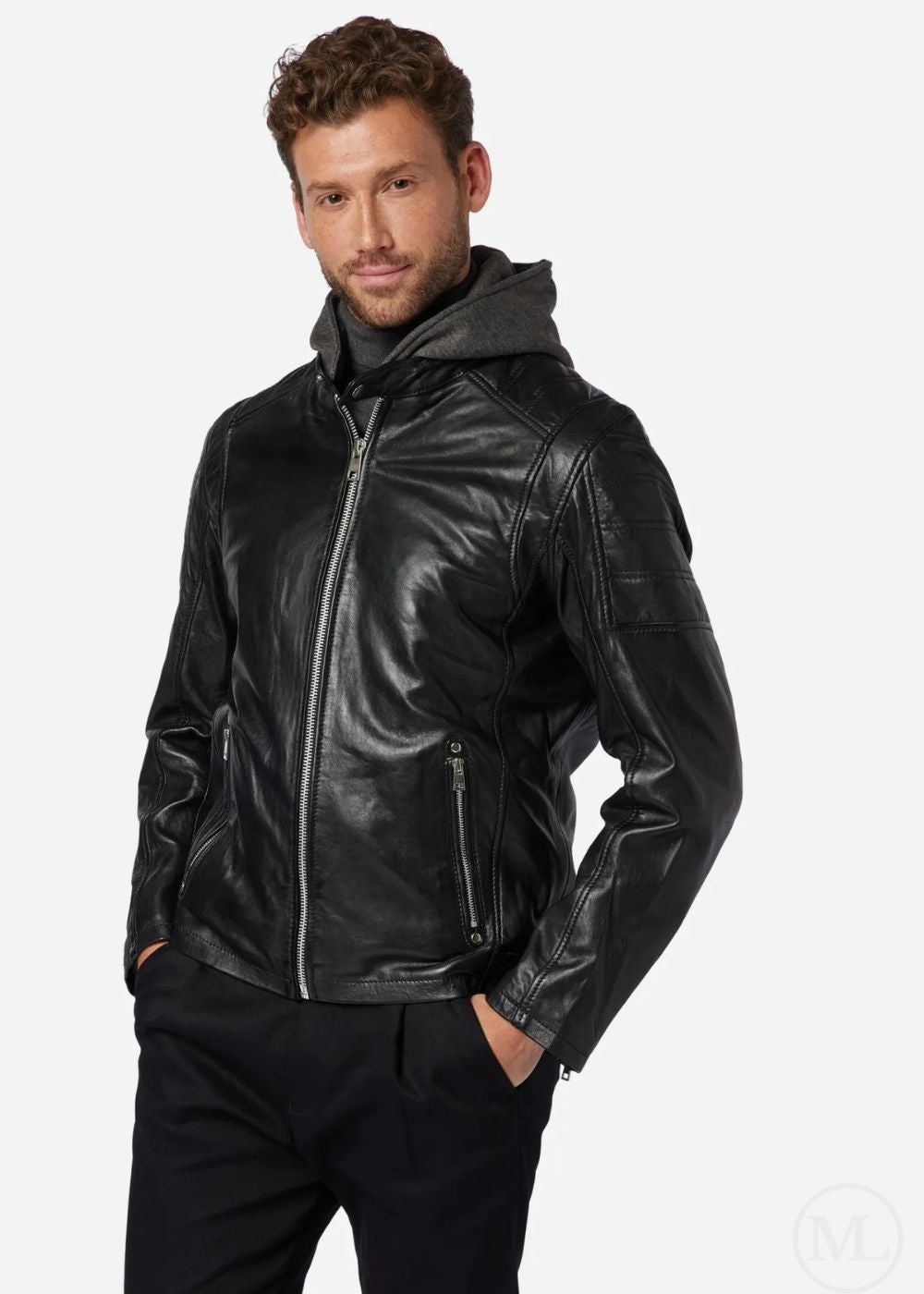 Kaelen – Men’s Black Nappa Leather Biker Jacket with Detachable Hood