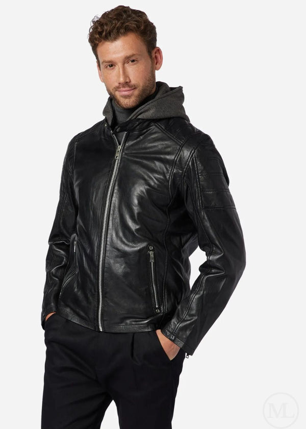 Kaelen – Men’s Black Nappa Leather Biker Jacket with Detachable Hood