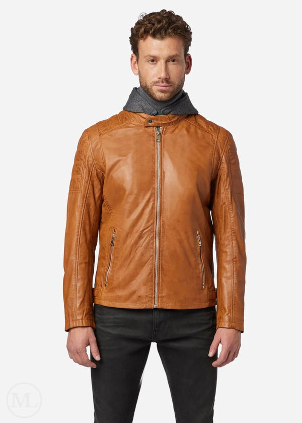 Kaelen – Men’s Cognac Brown Nappa Leather Biker Jacket with Detachable Hood