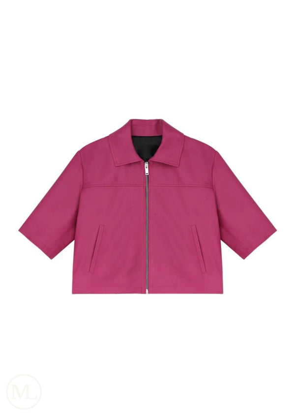 Kaia – Women’s Fuchsia Cropped Half-Sleeve Leather Jacket with Shirt Collar