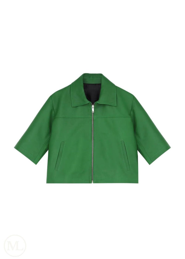 Kaia – Women’s Green Cropped Half-Sleeve Leather Jacket with Shirt Collar