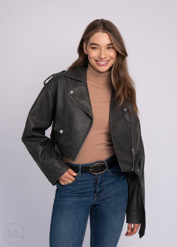 Kaia V2 – Women’s Black Oversized Cropped Biker Leather Jacket with Belt