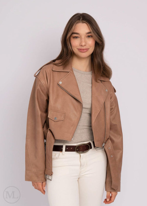 Kaia V2 – Women’s Taupe Oversized Cropped Biker Leather Jacket with Belt